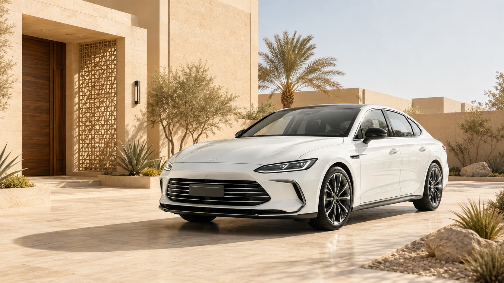 Modern white car available with credit card installments through Amwal